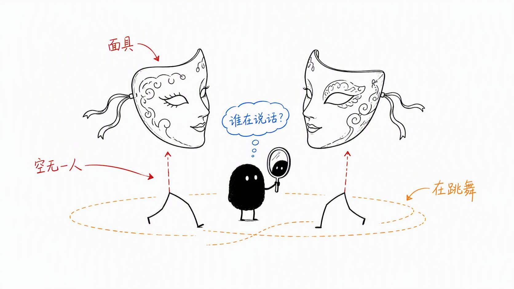 两个面具在跳舞,面具下面空无一人